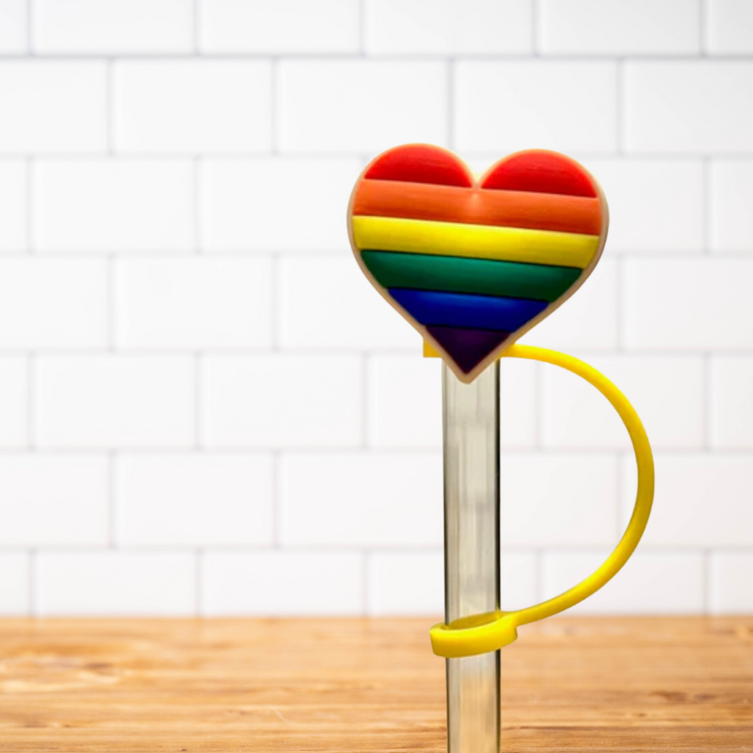 Silicone Straw Topper- Rainbow Pride Heart